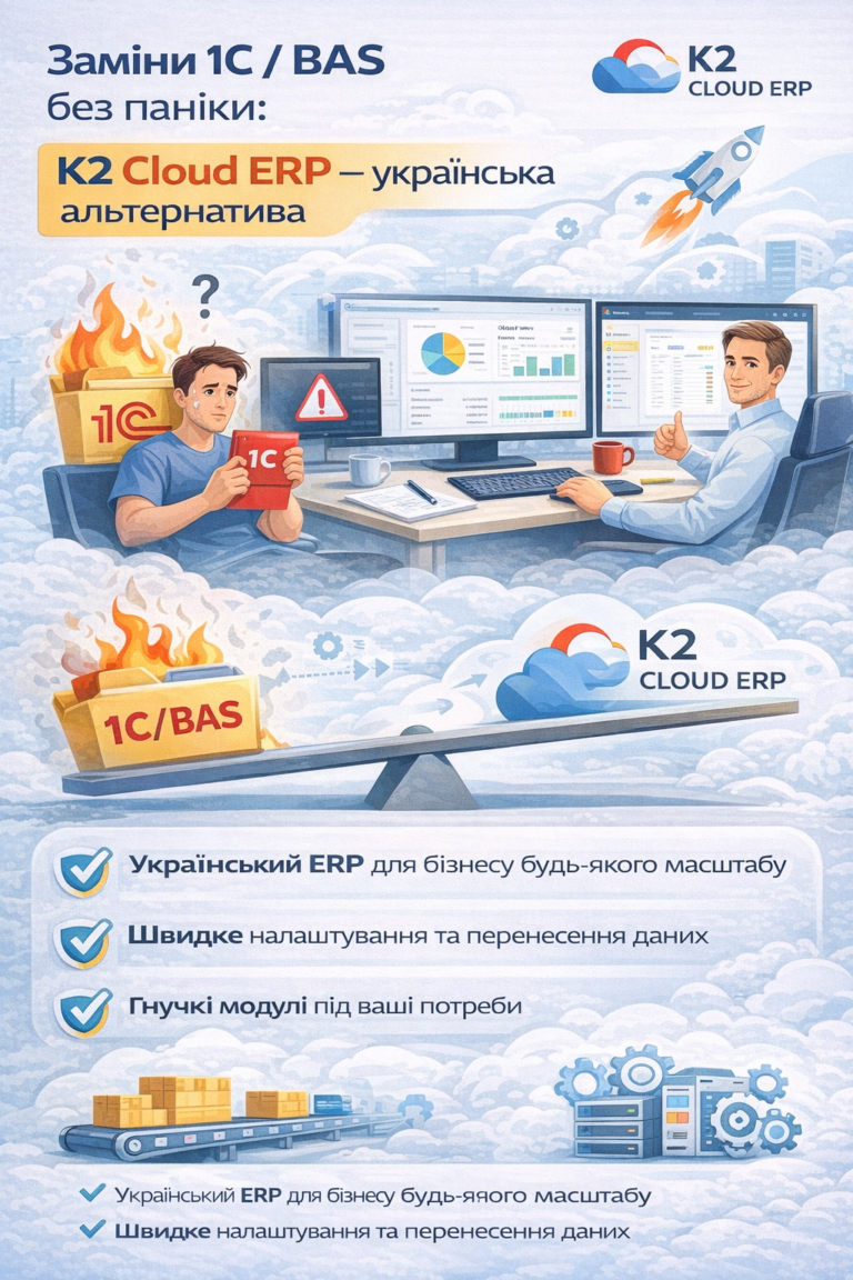 Заміна 1С/BAS на K2 ERP: українська альтернатива без паніки в бухгалтерії