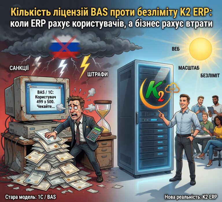 Ліцензії BAS проти безліму K2 ERP: коли ERP рахує людей, а не процеси